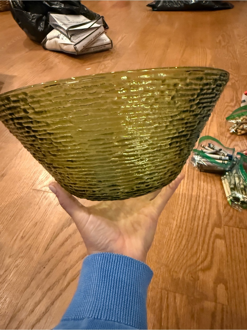 Huge vintage green glass textured serving bowl - Soreno by Anchor Hocking